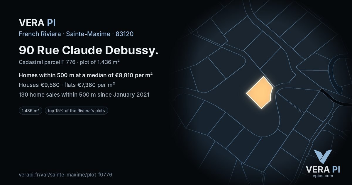 90 Rue Claude Debussy, Sainte-Maxime at night – the plot lit, the parcels around coloured by the prices near them
