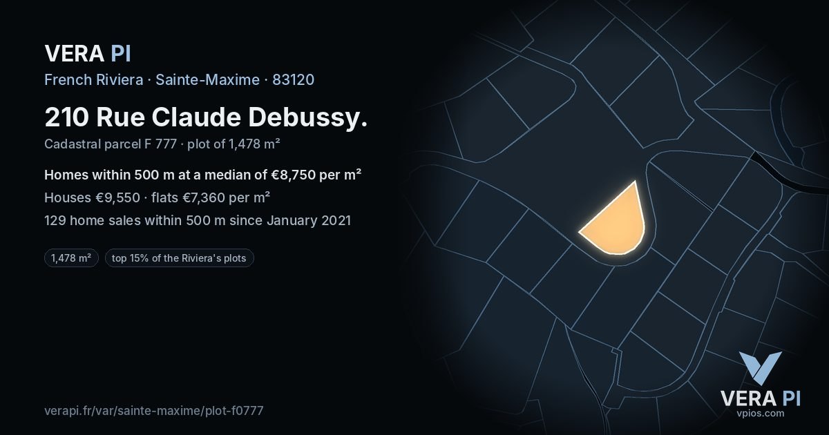 210 Rue Claude Debussy, Sainte-Maxime at night – the plot lit, the parcels around coloured by the prices near them