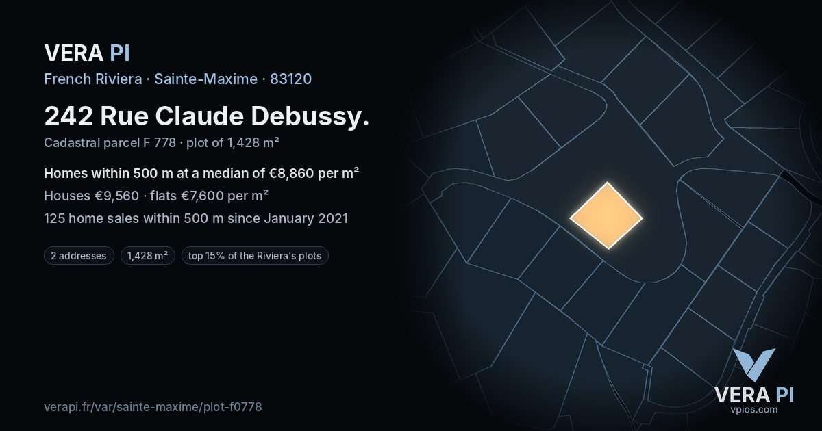 242 Rue Claude Debussy, Sainte-Maxime at night – the plot lit, the parcels around coloured by the prices near them