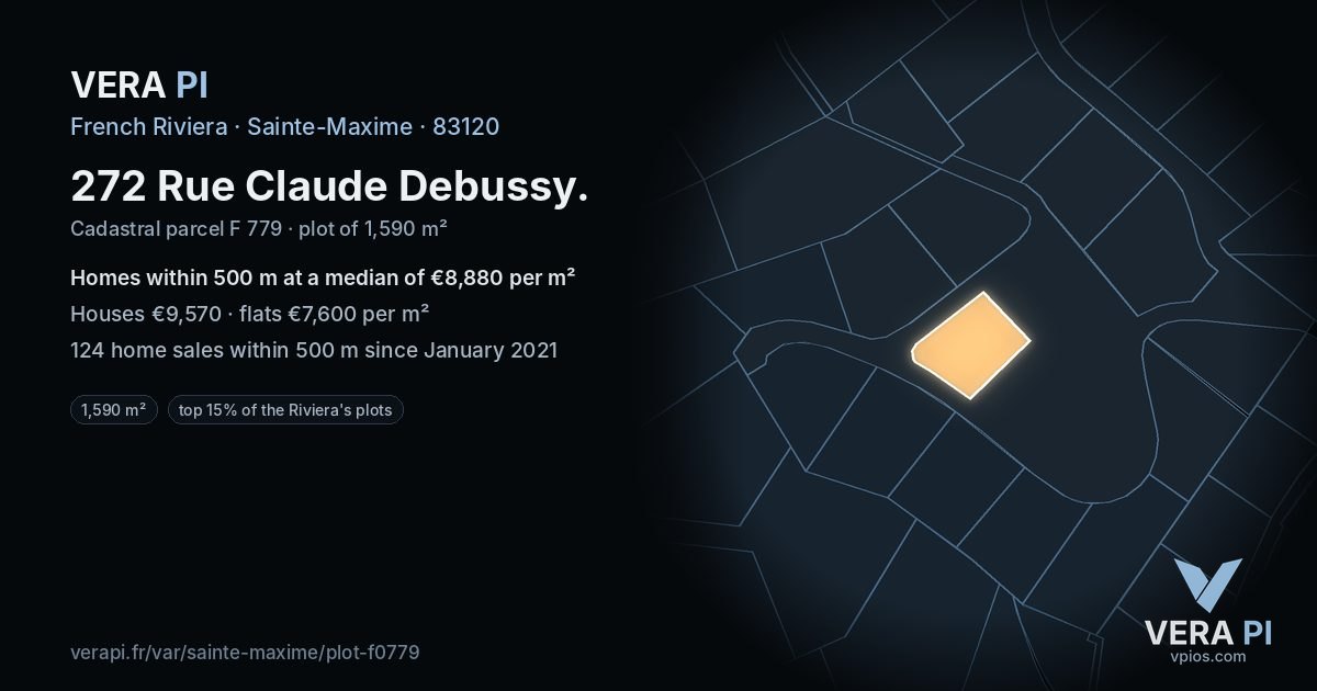272 Rue Claude Debussy, Sainte-Maxime at night – the plot lit, the parcels around coloured by the prices near them
