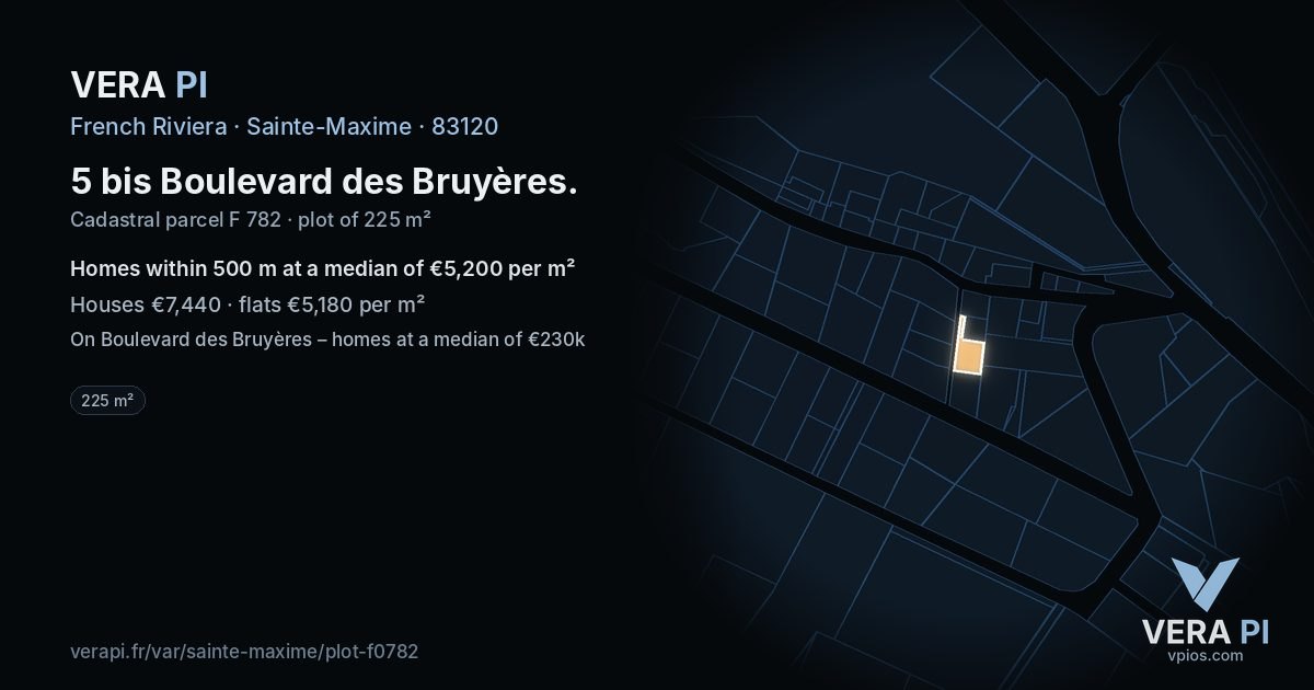 5 bis Boulevard des Bruyères, Sainte-Maxime at night – the plot lit, the parcels around coloured by the prices near them