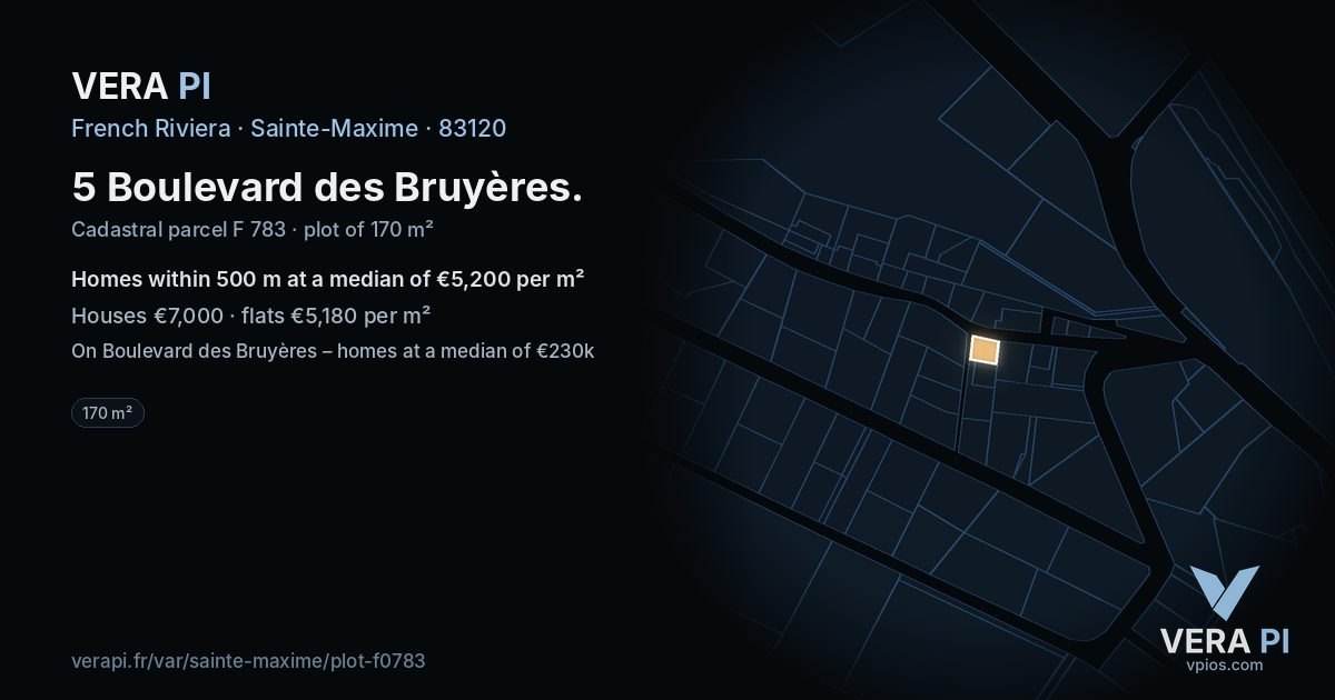 5 Boulevard des Bruyères, Sainte-Maxime at night – the plot lit, the parcels around coloured by the prices near them