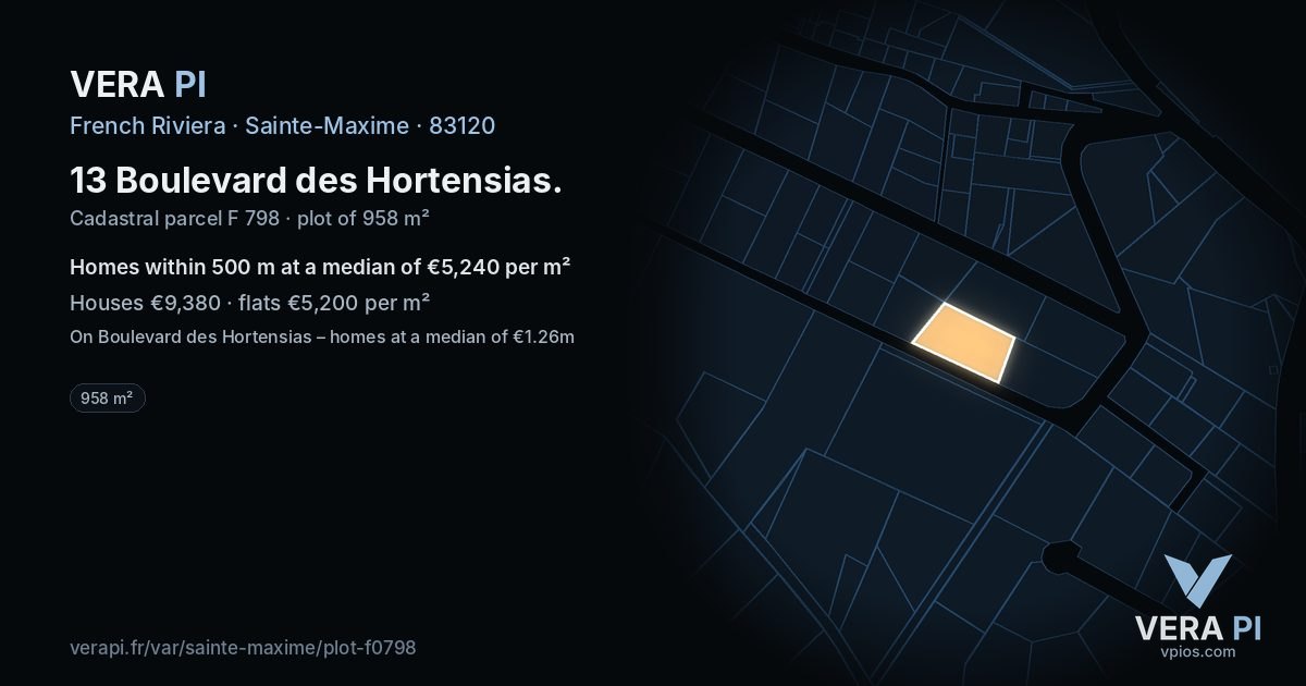 13 Boulevard des Hortensias, Sainte-Maxime at night – the plot lit, the parcels around coloured by the prices near them