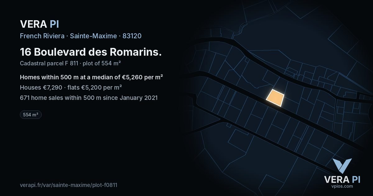 16 Boulevard des Romarins, Sainte-Maxime at night – the plot lit, the parcels around coloured by the prices near them