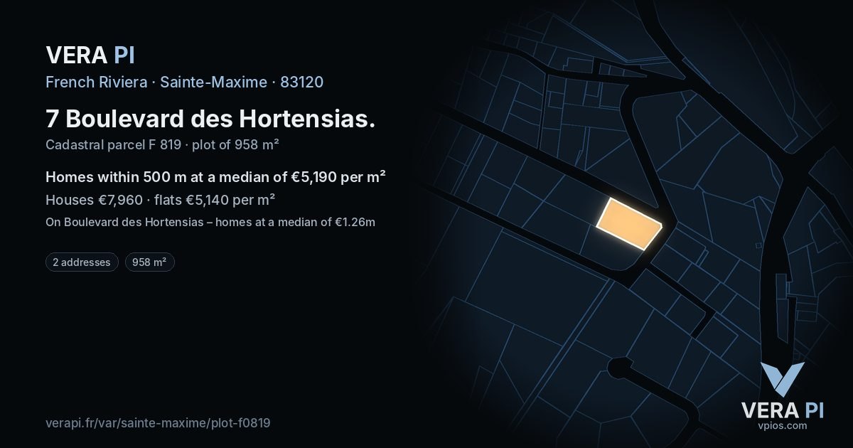 7 Boulevard des Hortensias, Sainte-Maxime at night – the plot lit, the parcels around coloured by the prices near them