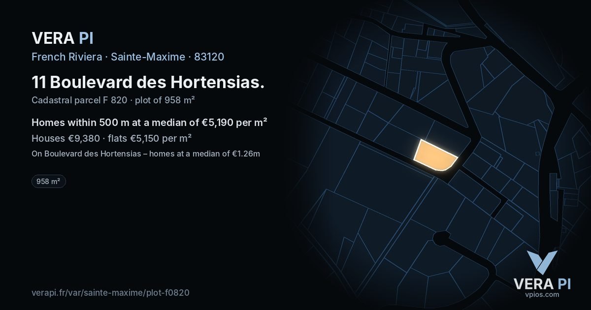 11 Boulevard des Hortensias, Sainte-Maxime at night – the plot lit, the parcels around coloured by the prices near them