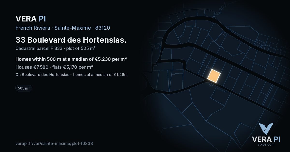 33 Boulevard des Hortensias, Sainte-Maxime at night – the plot lit, the parcels around coloured by the prices near them