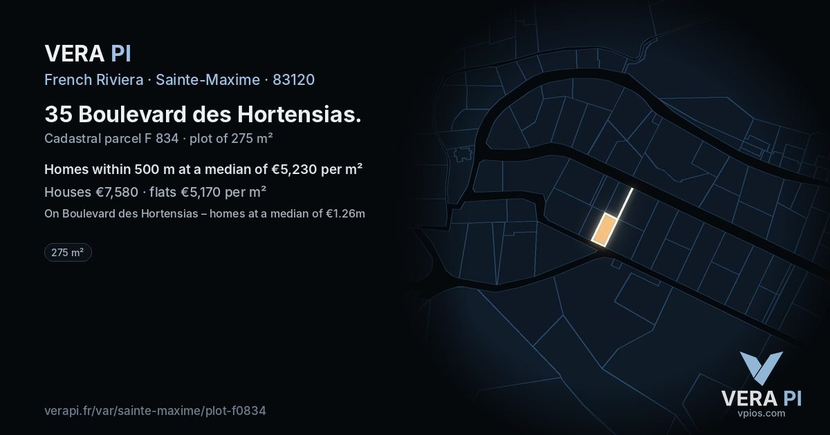 35 Boulevard des Hortensias, Sainte-Maxime at night – the plot lit, the parcels around coloured by the prices near them
