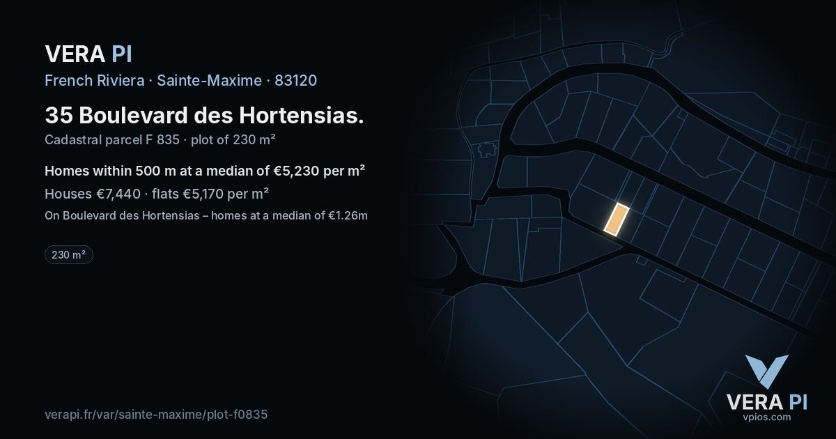 35 Boulevard des Hortensias, Sainte-Maxime at night – the plot lit, the parcels around coloured by the prices near them