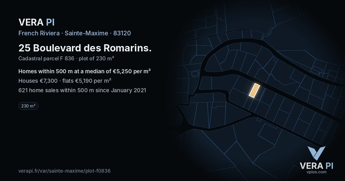 25 Boulevard des Romarins, Sainte-Maxime at night – the plot lit, the parcels around coloured by the prices near them