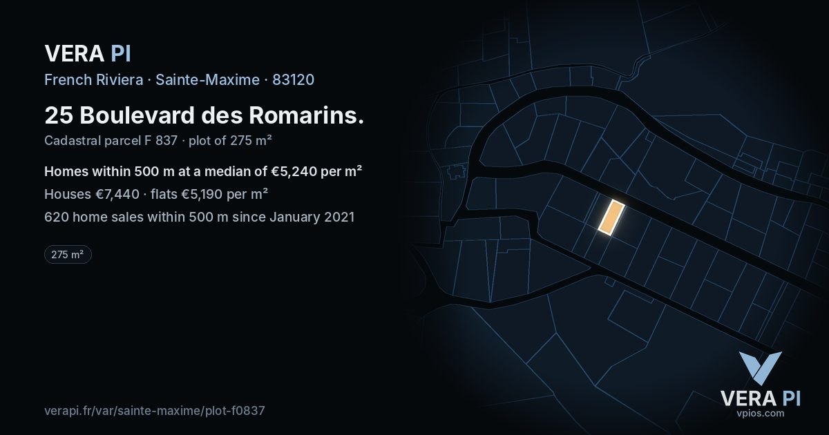 25 Boulevard des Romarins, Sainte-Maxime at night – the plot lit, the parcels around coloured by the prices near them