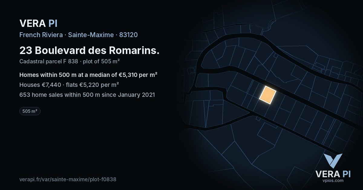 23 Boulevard des Romarins, Sainte-Maxime at night – the plot lit, the parcels around coloured by the prices near them