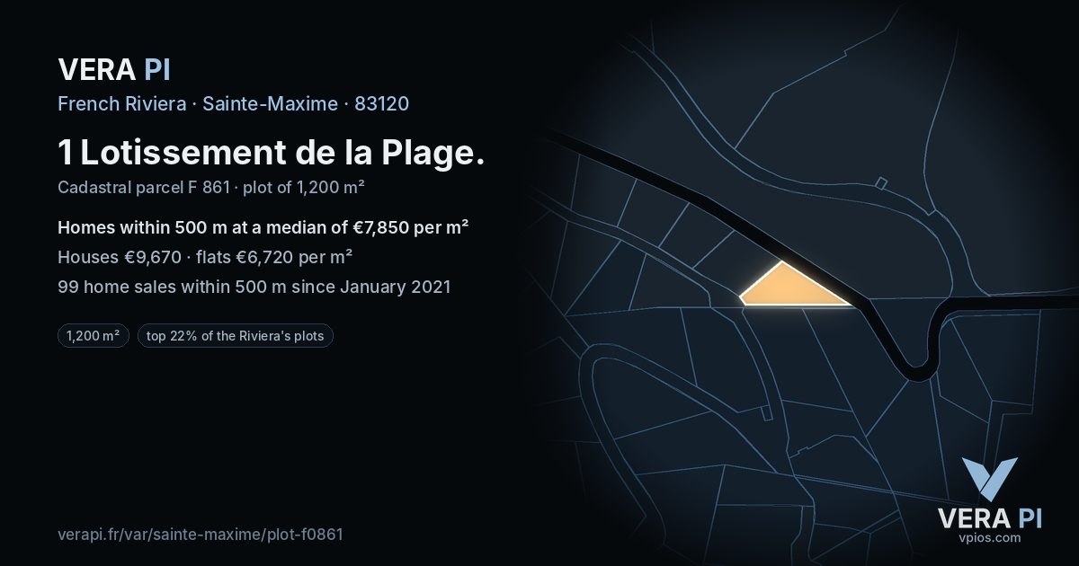 1 Lotissement de la Plage, Sainte-Maxime at night – the plot lit, the parcels around coloured by the prices near them