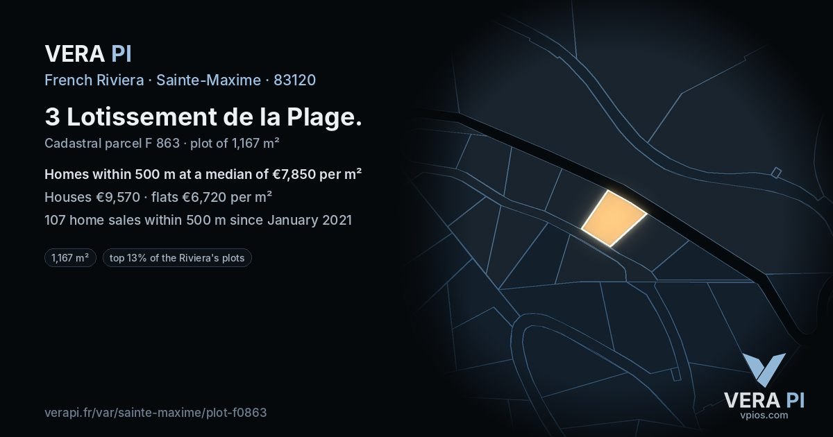 3 Lotissement de la Plage, Sainte-Maxime at night – the plot lit, the parcels around coloured by the prices near them