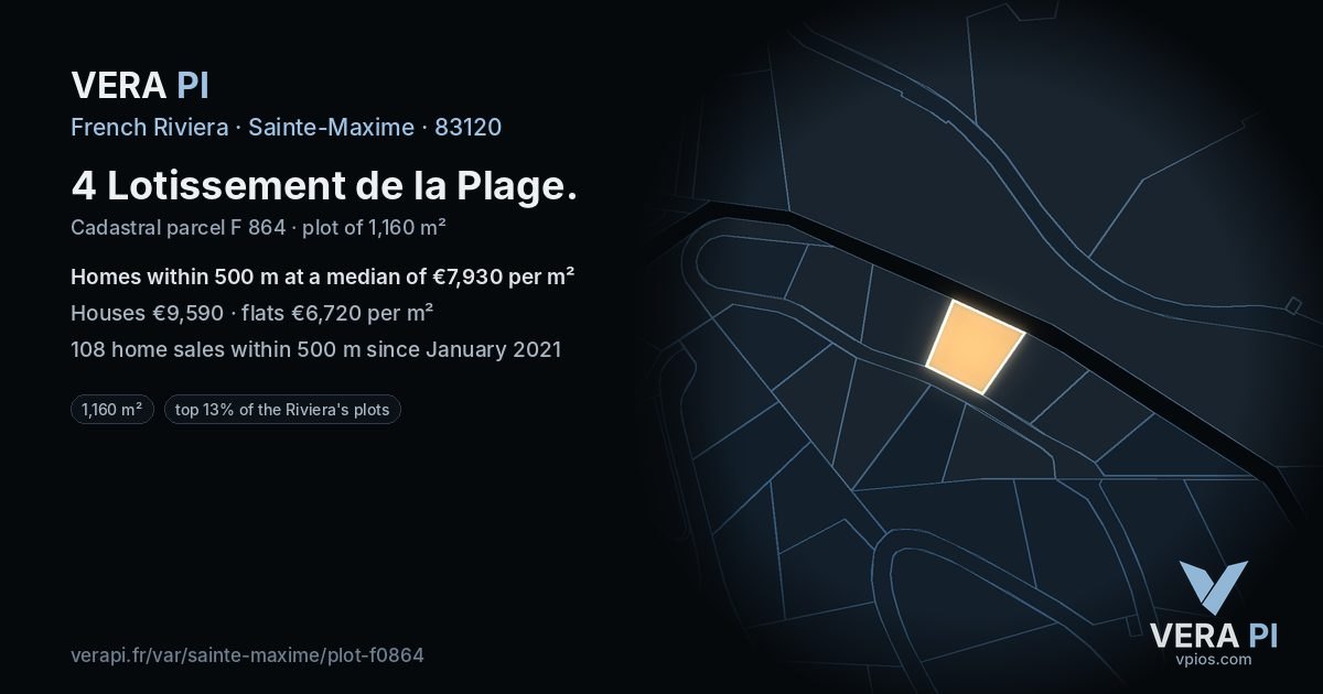 4 Lotissement de la Plage, Sainte-Maxime at night – the plot lit, the parcels around coloured by the prices near them