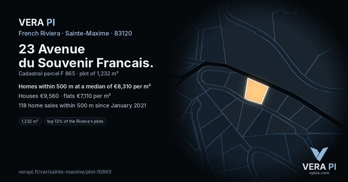 23 Avenue du Souvenir Francais, Sainte-Maxime at night – the plot lit, the parcels around coloured by the prices near them