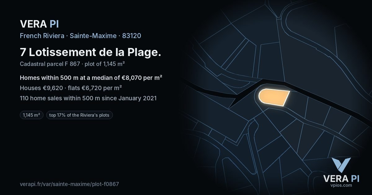 7 Lotissement de la Plage, Sainte-Maxime at night – the plot lit, the parcels around coloured by the prices near them