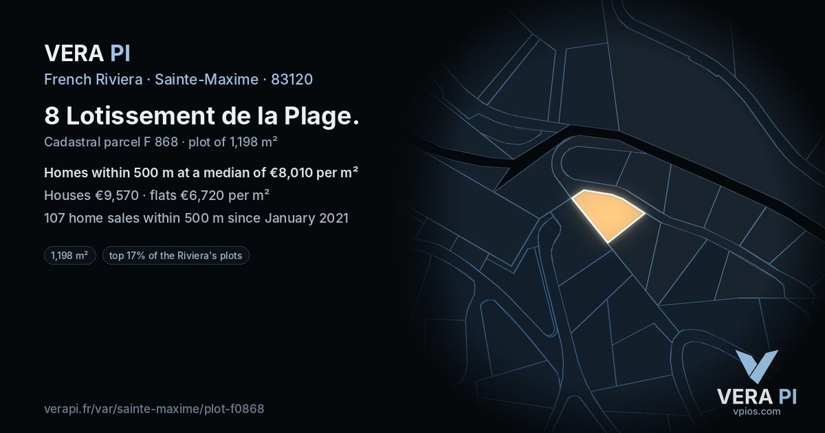 8 Lotissement de la Plage, Sainte-Maxime at night – the plot lit, the parcels around coloured by the prices near them