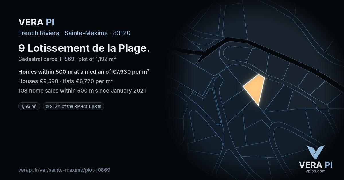 9 Lotissement de la Plage, Sainte-Maxime at night – the plot lit, the parcels around coloured by the prices near them