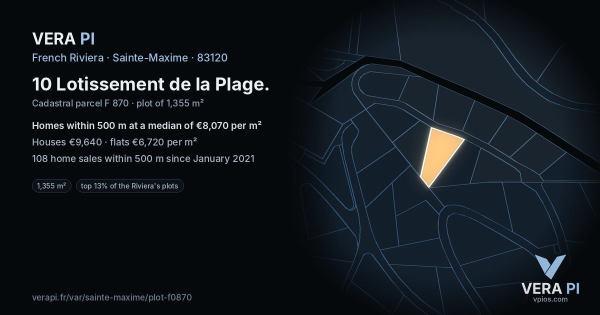 10 Lotissement de la Plage, Sainte-Maxime at night – the plot lit, the parcels around coloured by the prices near them