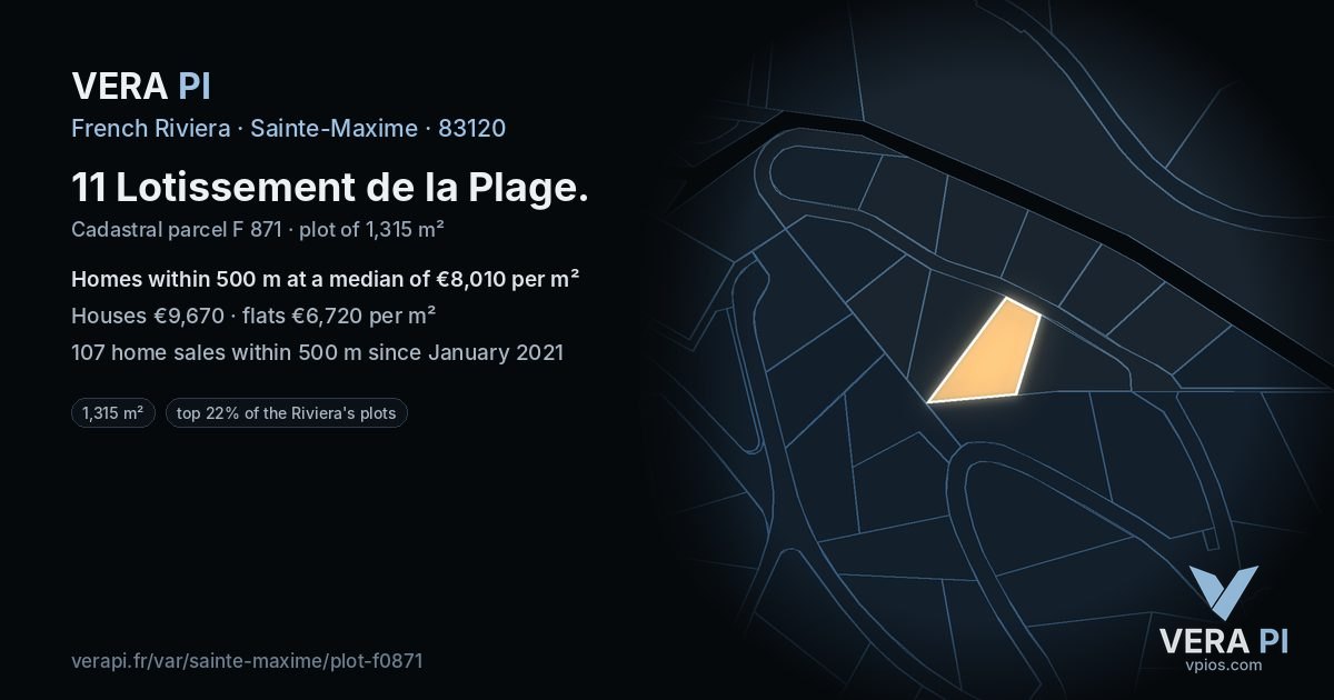 11 Lotissement de la Plage, Sainte-Maxime at night – the plot lit, the parcels around coloured by the prices near them