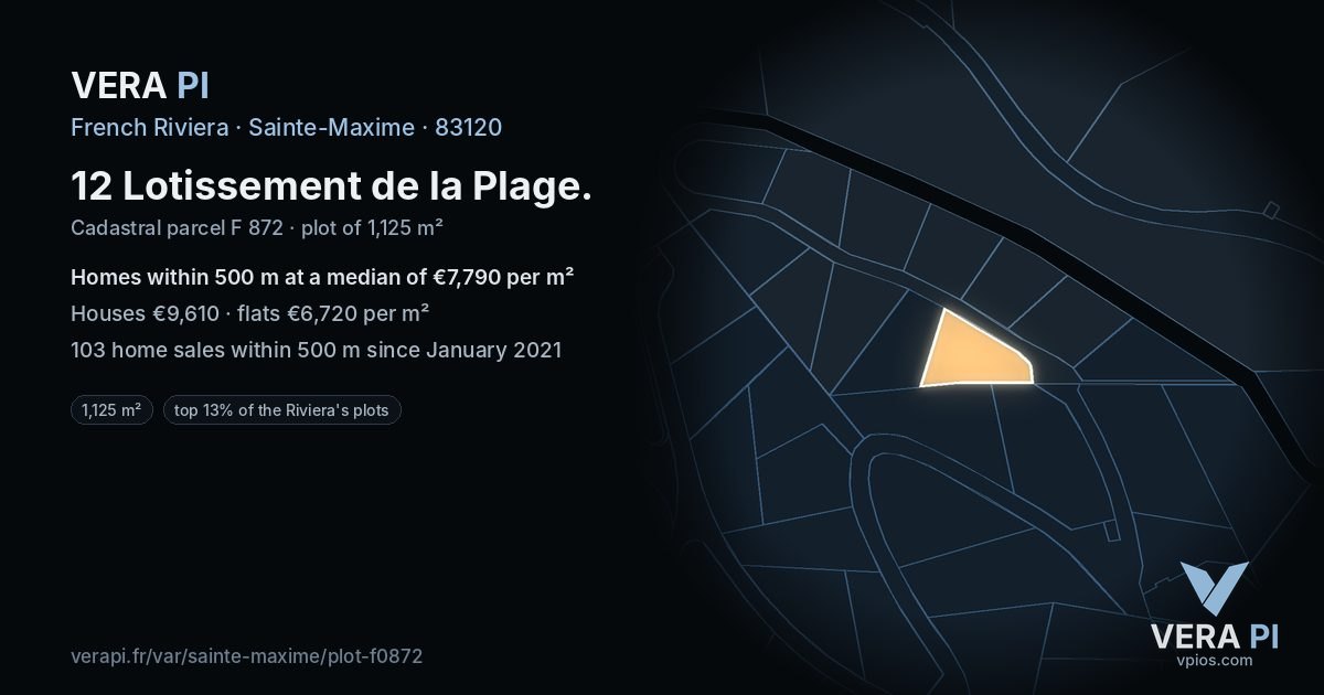 12 Lotissement de la Plage, Sainte-Maxime at night – the plot lit, the parcels around coloured by the prices near them