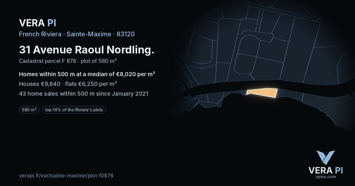 31 Avenue Raoul Nordling, Sainte-Maxime at night – the plot lit, the parcels around coloured by the prices near them