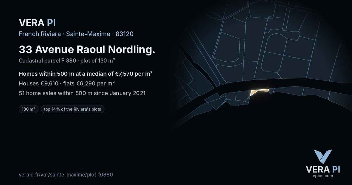 33 Avenue Raoul Nordling, Sainte-Maxime at night – the plot lit, the parcels around coloured by the prices near them