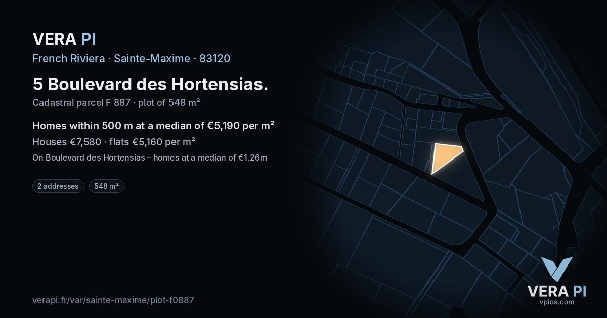 5 Boulevard des Hortensias, Sainte-Maxime at night – the plot lit, the parcels around coloured by the prices near them
