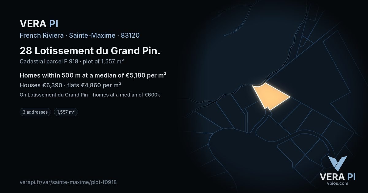 28 Lotissement du Grand Pin, Sainte-Maxime at night – the plot lit, the parcels around coloured by the prices near them