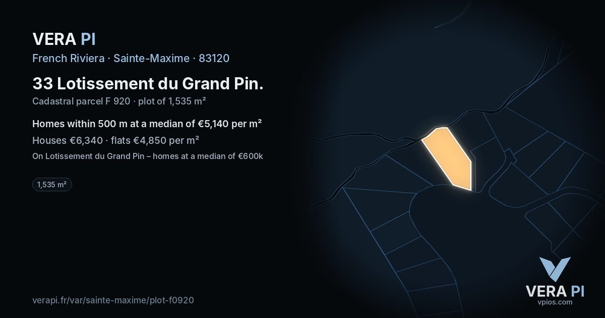 33 Lotissement du Grand Pin, Sainte-Maxime at night – the plot lit, the parcels around coloured by the prices near them