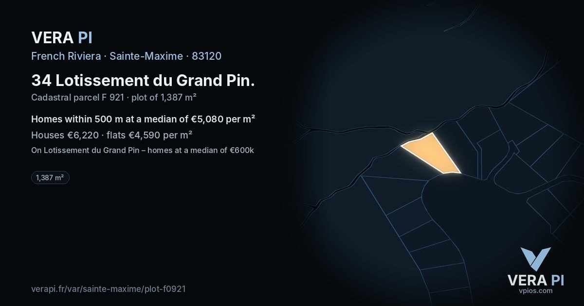 34 Lotissement du Grand Pin, Sainte-Maxime at night – the plot lit, the parcels around coloured by the prices near them