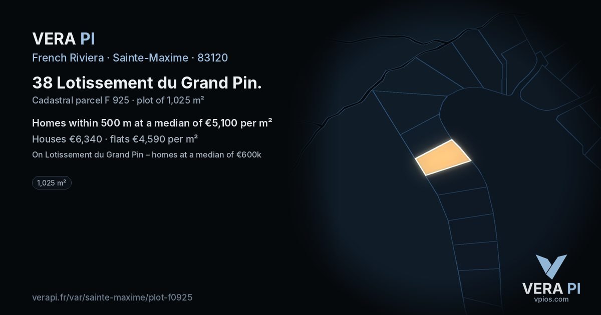 38 Lotissement du Grand Pin, Sainte-Maxime at night – the plot lit, the parcels around coloured by the prices near them