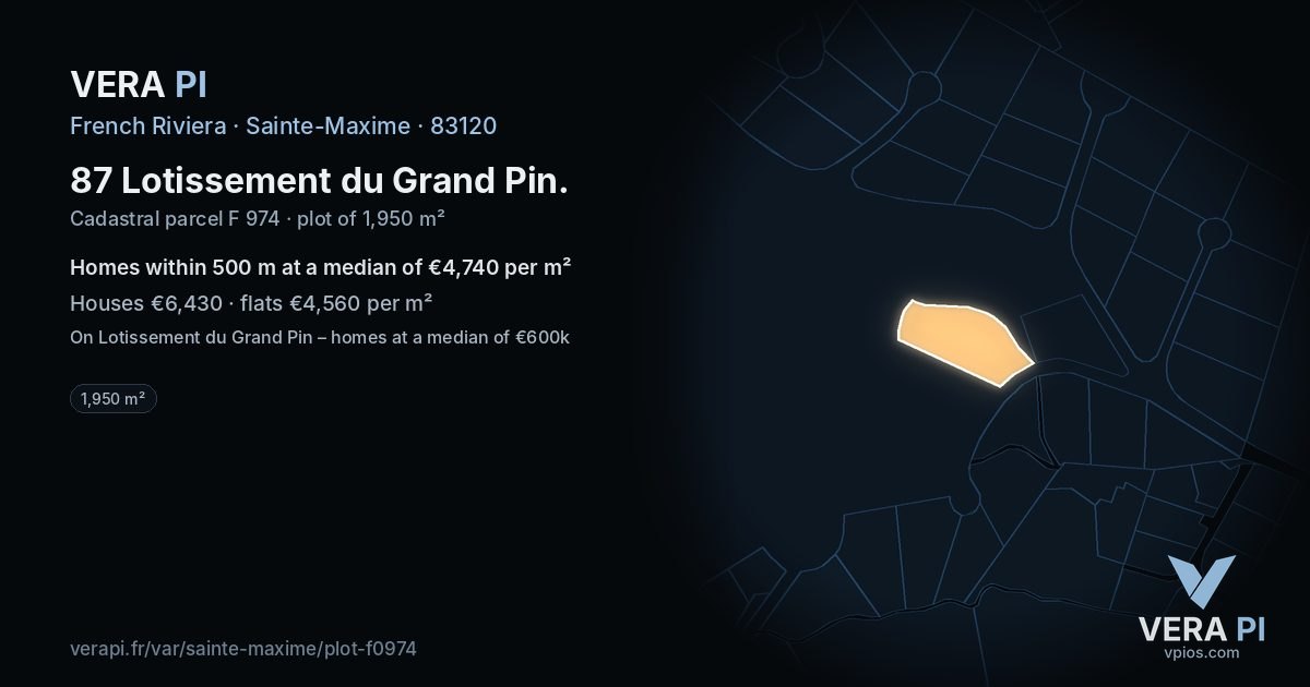 87 Lotissement du Grand Pin, Sainte-Maxime at night – the plot lit, the parcels around coloured by the prices near them