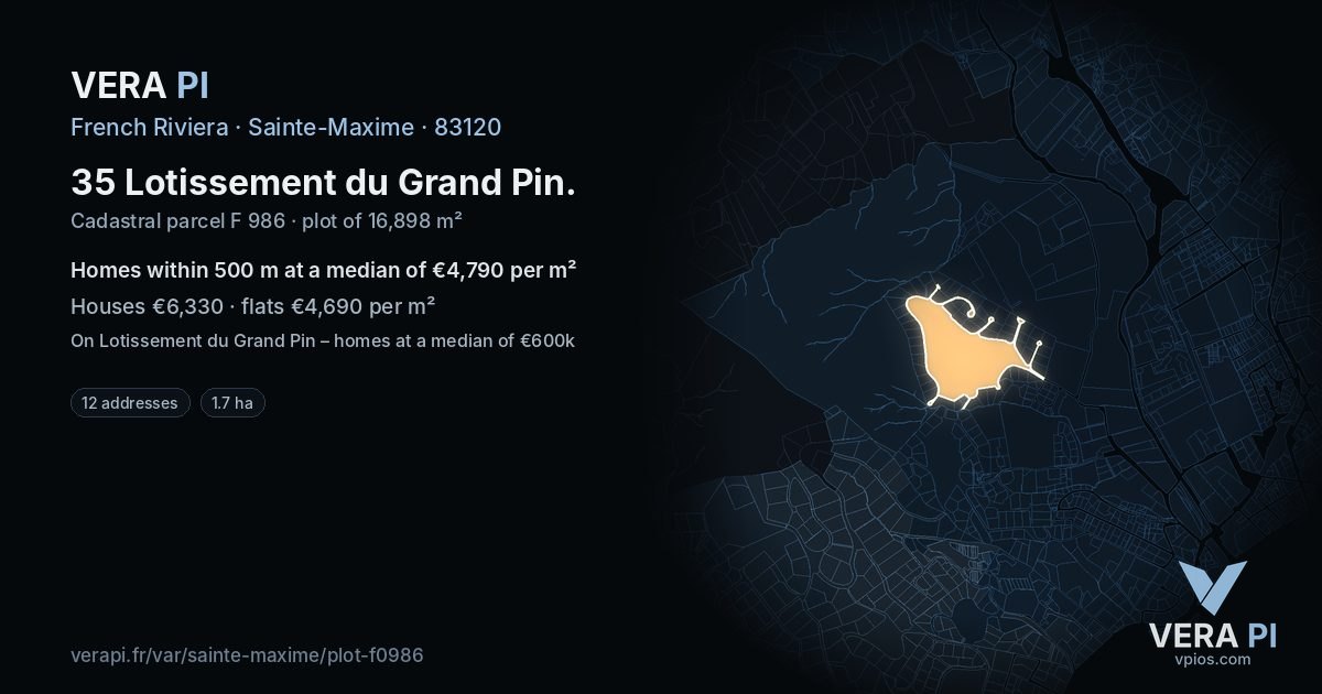 35 Lotissement du Grand Pin, Sainte-Maxime at night – the plot lit, the parcels around coloured by the prices near them