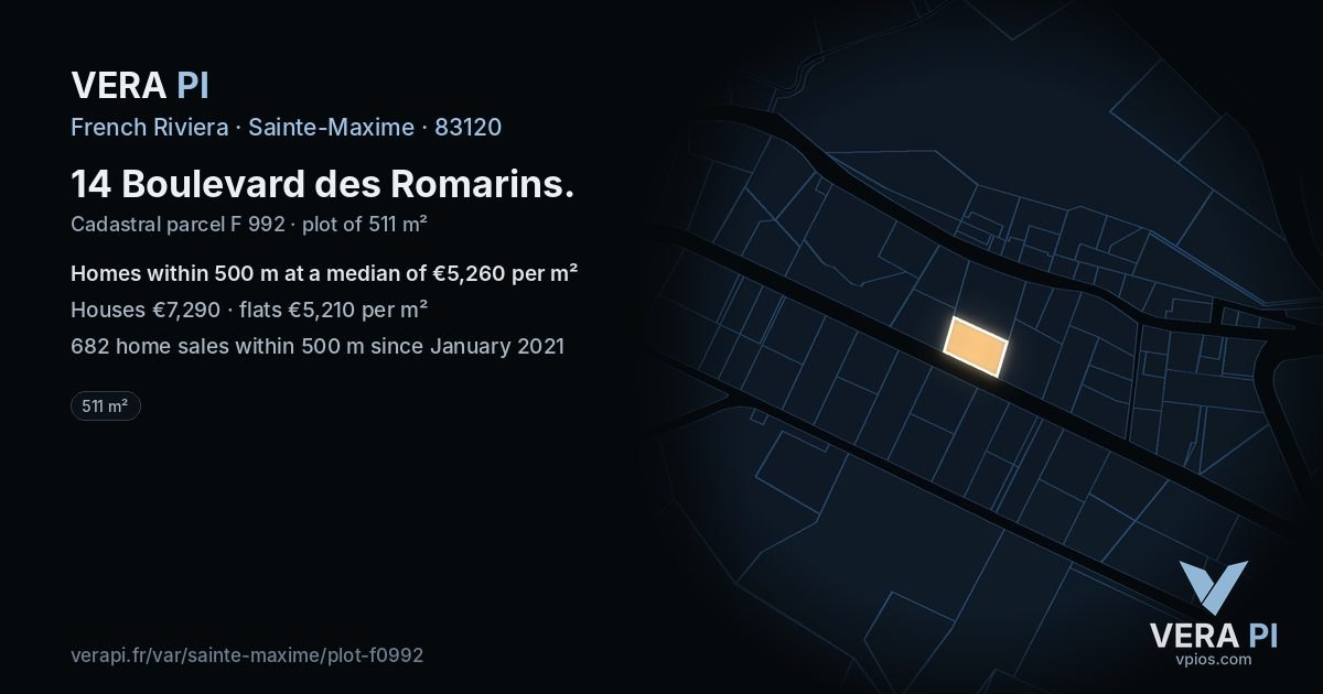 14 Boulevard des Romarins, Sainte-Maxime at night – the plot lit, the parcels around coloured by the prices near them