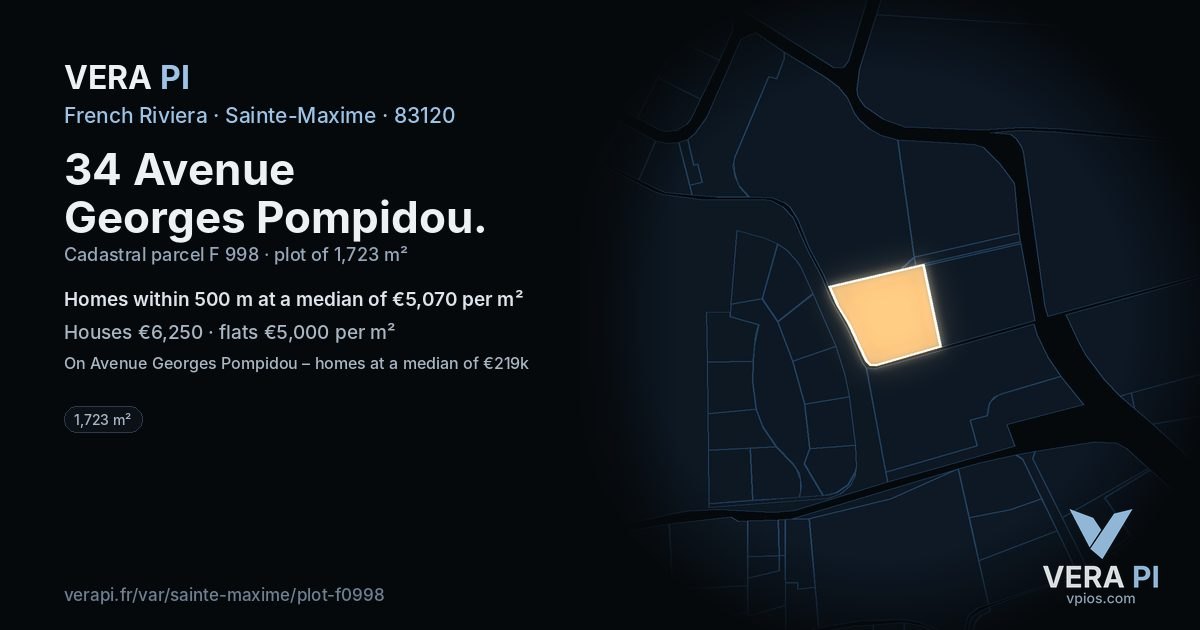 34 Avenue Georges Pompidou, Sainte-Maxime at night – the plot lit, the parcels around coloured by the prices near them