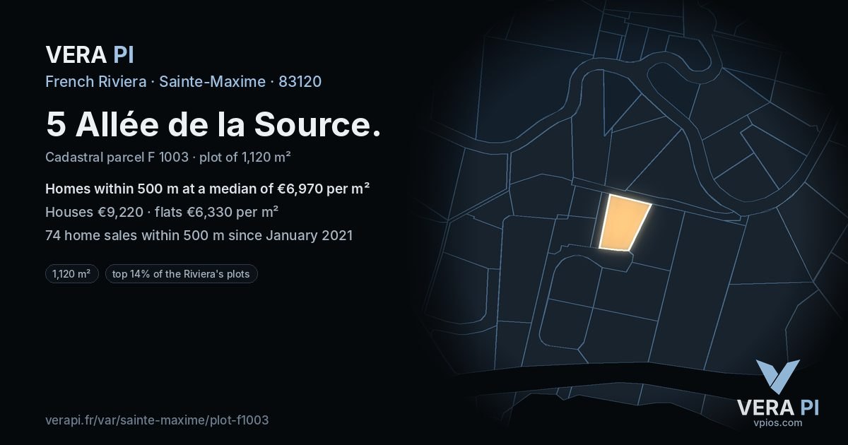 5 Allée de la Source, Sainte-Maxime at night – the plot lit, the parcels around coloured by the prices near them