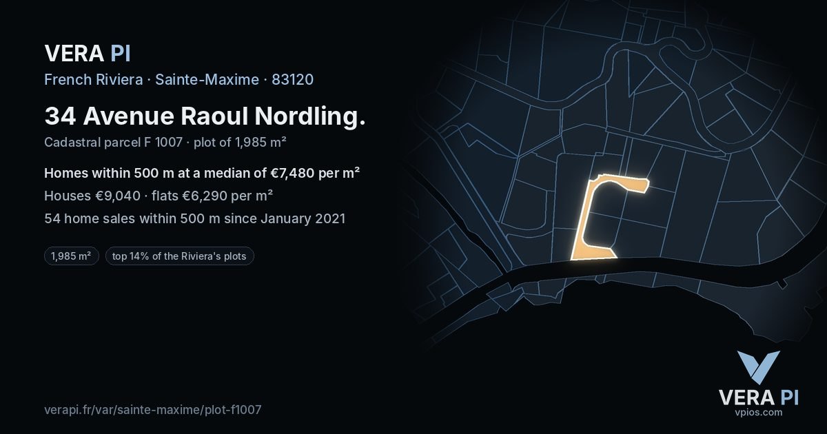 34 Avenue Raoul Nordling, Sainte-Maxime at night – the plot lit, the parcels around coloured by the prices near them