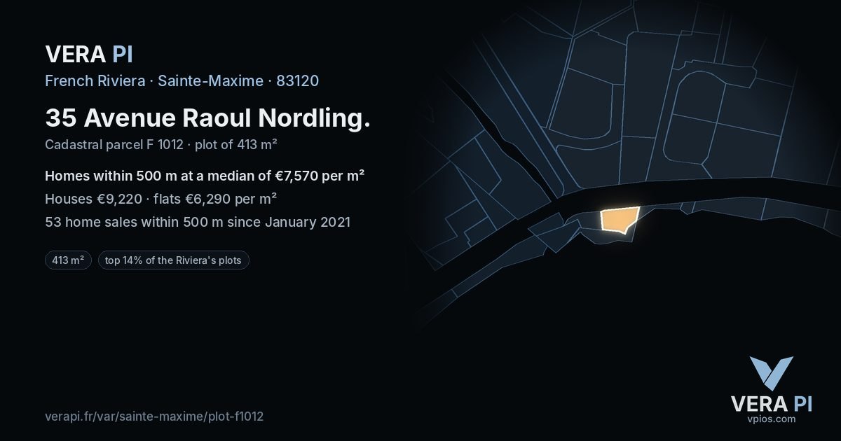 35 Avenue Raoul Nordling, Sainte-Maxime at night – the plot lit, the parcels around coloured by the prices near them