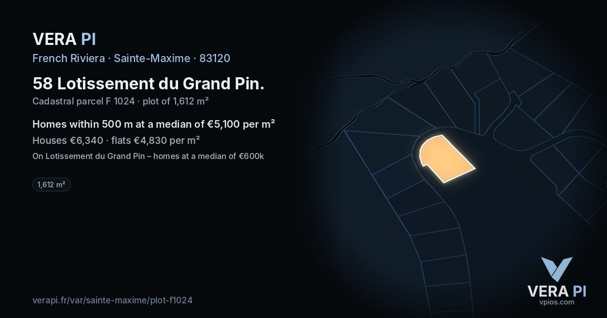 58 Lotissement du Grand Pin, Sainte-Maxime at night – the plot lit, the parcels around coloured by the prices near them