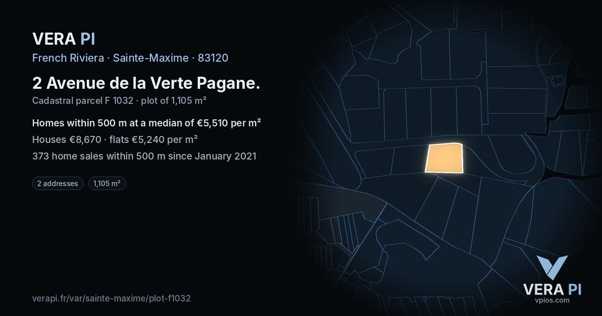 2 Avenue de la Verte Pagane, Sainte-Maxime at night – the plot lit, the parcels around coloured by the prices near them