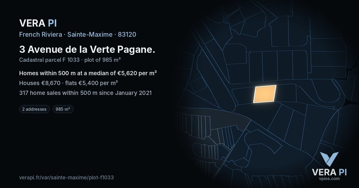 3 Avenue de la Verte Pagane, Sainte-Maxime at night – the plot lit, the parcels around coloured by the prices near them