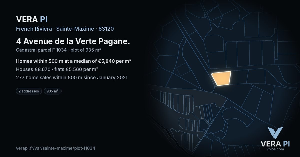 4 Avenue de la Verte Pagane, Sainte-Maxime at night – the plot lit, the parcels around coloured by the prices near them