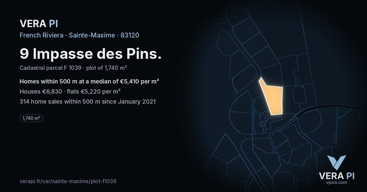 9 Impasse des Pins, Sainte-Maxime at night – the plot lit, the parcels around coloured by the prices near them