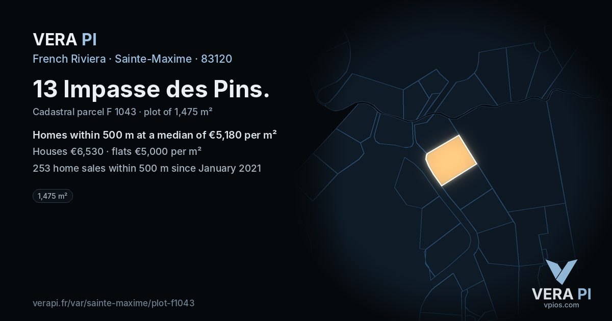 13 Impasse des Pins, Sainte-Maxime at night – the plot lit, the parcels around coloured by the prices near them