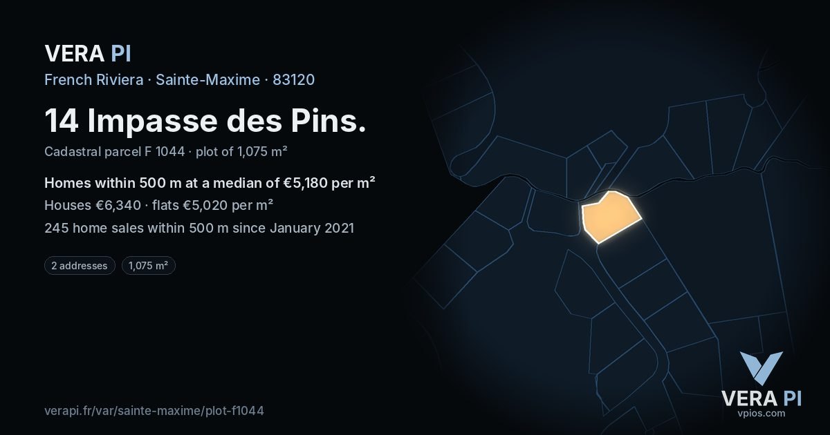 14 Impasse des Pins, Sainte-Maxime at night – the plot lit, the parcels around coloured by the prices near them