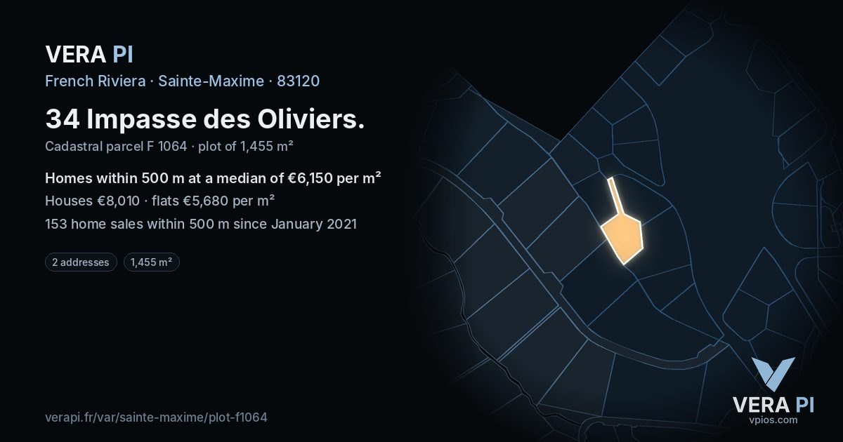 34 Impasse des Oliviers, Sainte-Maxime at night – the plot lit, the parcels around coloured by the prices near them