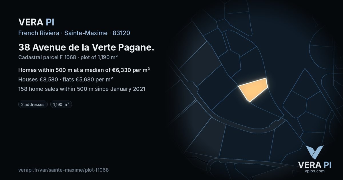 38 Avenue de la Verte Pagane, Sainte-Maxime at night – the plot lit, the parcels around coloured by the prices near them