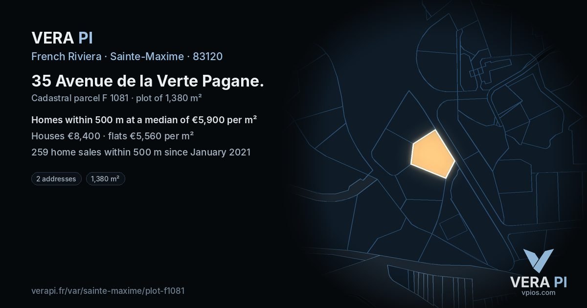 35 Avenue de la Verte Pagane, Sainte-Maxime at night – the plot lit, the parcels around coloured by the prices near them